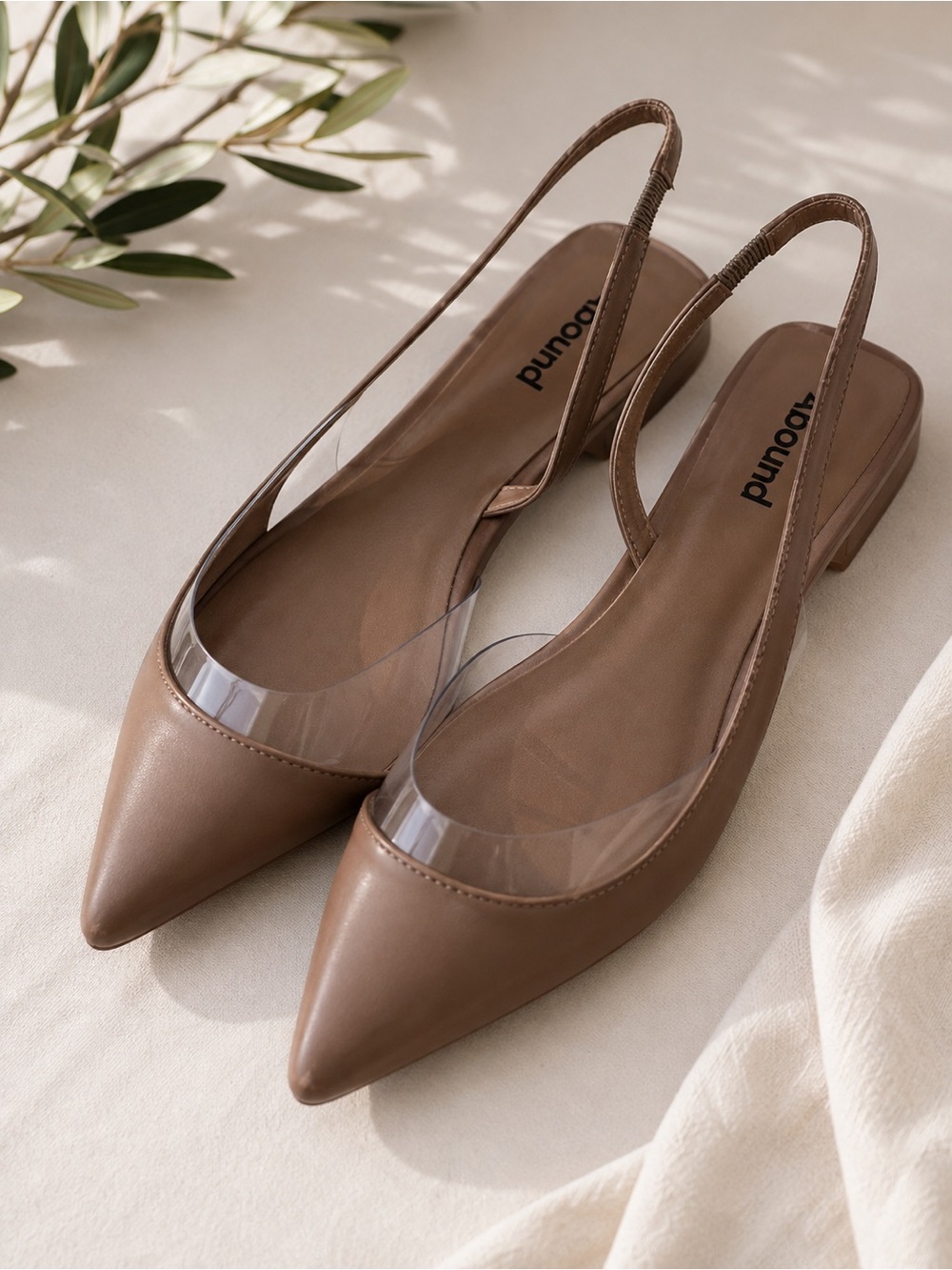 Abound Brown Pointed Toe Slingback Flats with Clear Vamp